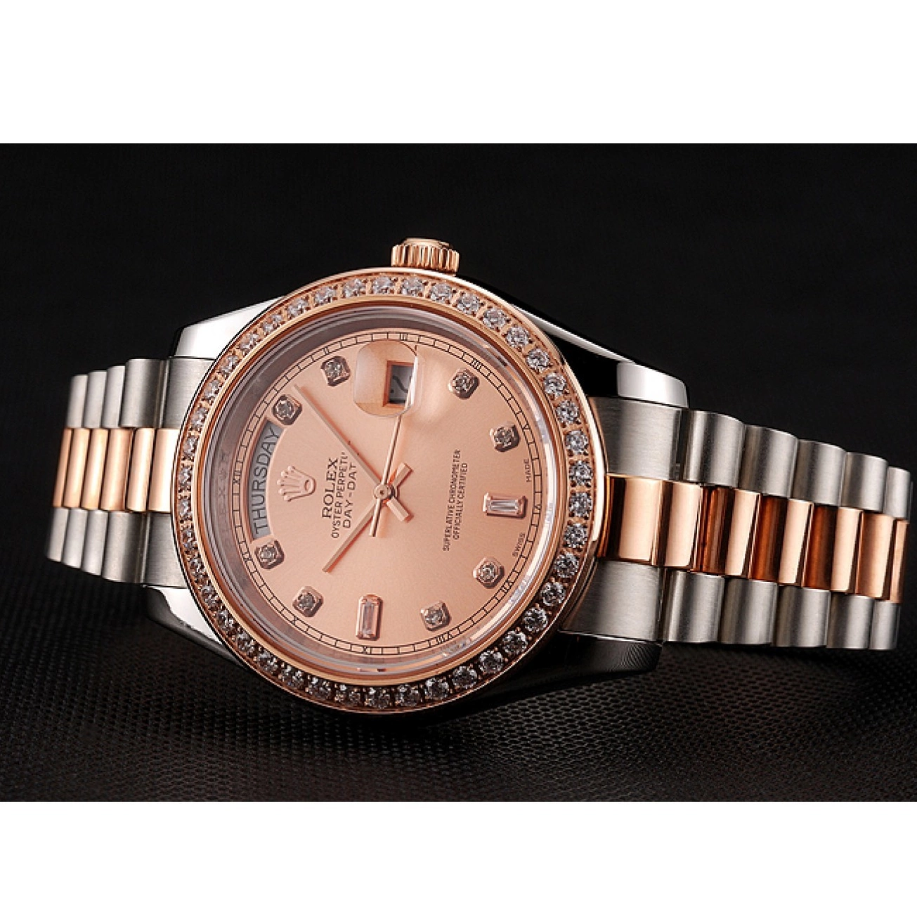 AAA Replica Watches Gold And Bezel Bracelet Swiss Staineless Day-Date Rolex 1454107 Steel Diamonds Rose 0518
